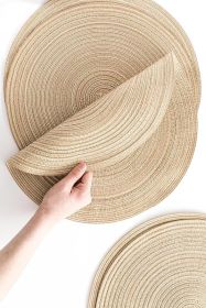 15 Inch Round Braided Placemats Set of 6, Washable Heat Resistant Cotton Polyester Circle Place Mats for Kitchen Dining Table - Dunes Khaki