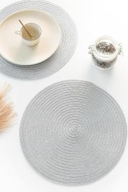 15 Inch Round Braided Placemats Set of 6, Washable Heat Resistant Cotton Polyester Circle Place Mats for Kitchen Dining Table - Shimmer Silver